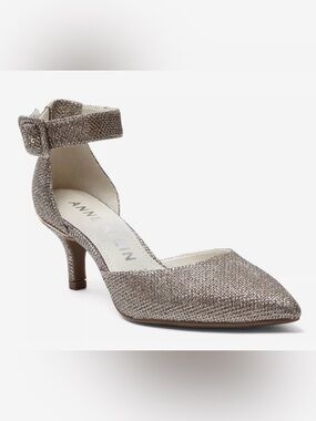 Anne Klein Metallic Silver Pumps Heels  Pointed Toe & Ankle Strap Size 8